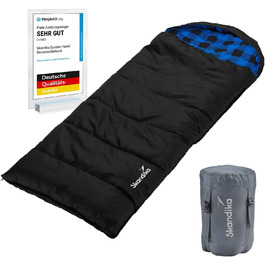 Спальний мішок Skandika Dundee Junior для дітей | Теплий, м'який, водонепроникний, 175 x 70 см, діапазон комфорту 13-3°C, чорно-блакитний в клітинку