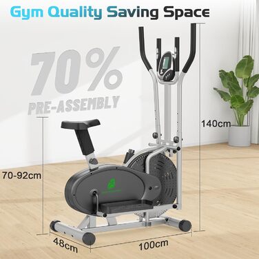 Еліптичний тренажер 2 в 1 для дому: крос-тренажер та фітнес-степер з LCD-монітором та регулюванням навантаження (срібний)