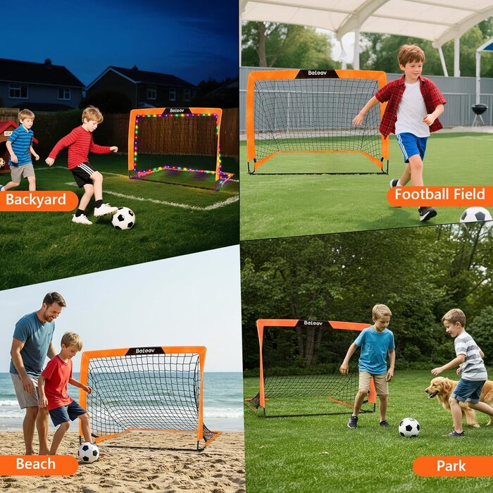 Дитячі футбольні ворота BELEEV для гри в саду та в приміщенні, 4x3/6x4 ft, з LED-підсвічуванням, портативні, складані, комплект з 2 шт., 120*90 см