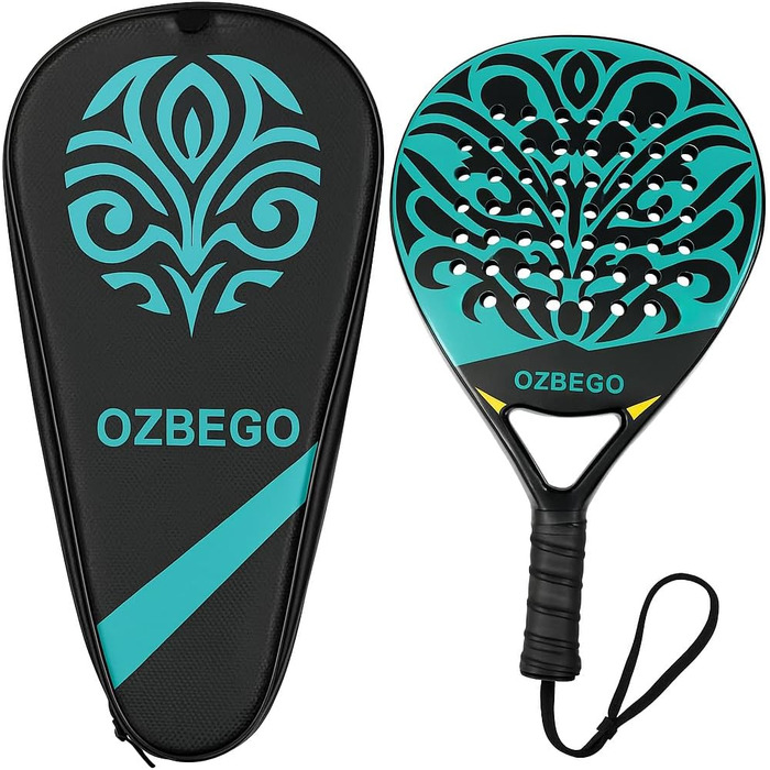 Набір для падел-тенісу Ozbego: повний карбон, сумка, 2 овергрипи, бандаж на зап'ястя, захисна плівка. Підходить для початківців та досвідчених гравців. Легкий та довговічний. Чорний та зелений колір.