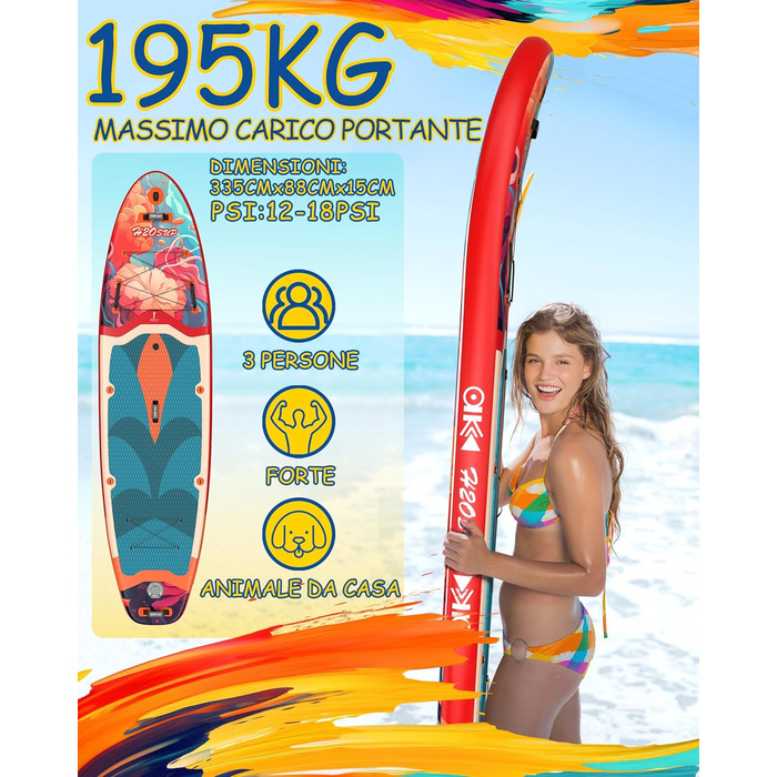 Надувний SUP дошка H2OSUP Stand Up Paddling Board - широка, з аксесуарами, для всіх рівнів, червона