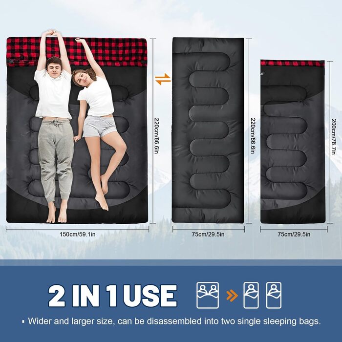 Спальний мішок для двох дорослих, ковдровий, водонепроникний, фліс, 220x150 см, чорний, з сумкою для зберігання