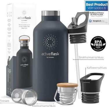 Термобутилка з нержавіючої сталі з трубочкою та інфузером, 950 мл, BPA-free, герметична, для газованих напоїв, 3 кришки, для води, спорту, дітей, чаю, Cool Grey Bamboo
