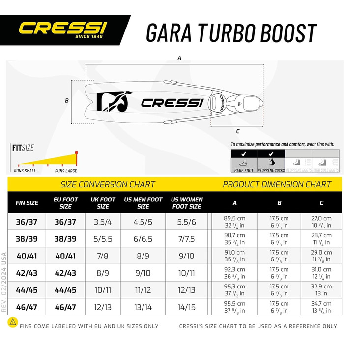 Ласти CRESSI Gara Turbo Boost - інноваційні ласти з закритою п'яткою для фрідайвінгу, апное та підводного рибальства. Розмір EU 40/41 (UK 7/8), чорний