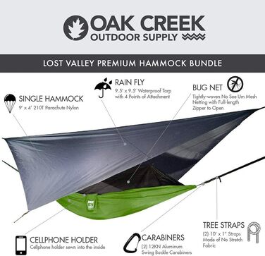 Гамак туристичний Oak Creek з москітною сіткою та тентом, комплект для кемпінгу, зелено-сірий (1.8 кг)