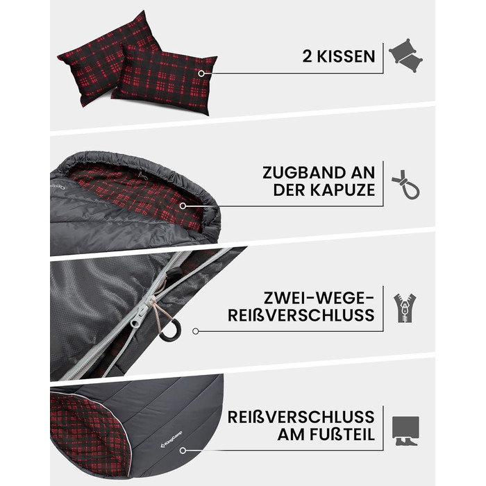 Сплячий мішок KingCamp для 2 осіб з фланелі, зимовий, 3-4 сезони, з подушками, для кемпінгу та відпочинку на природі (сірий)