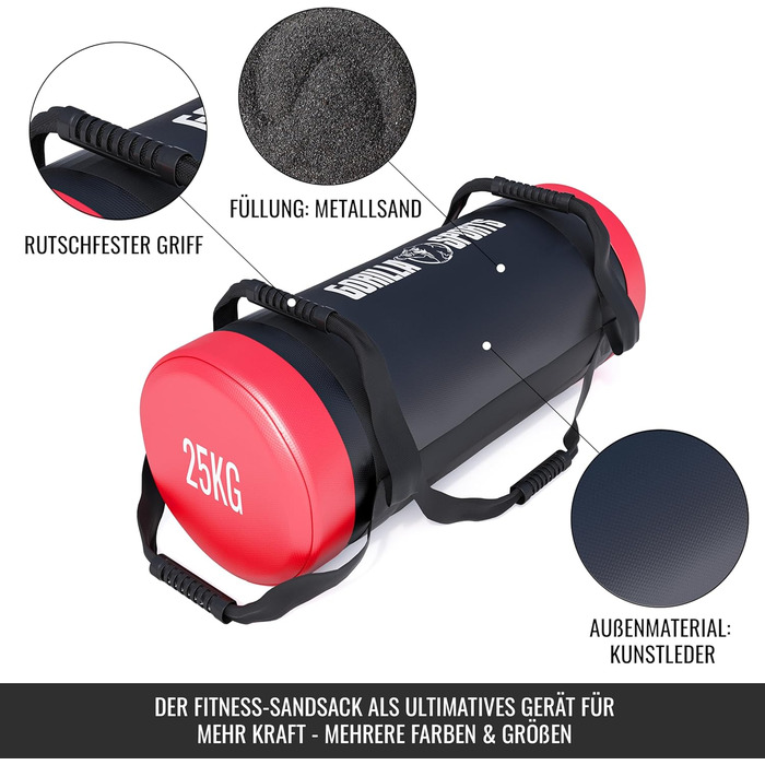 GORILLA SPORTS Фітнес Power Bag 5-30 кг, нековзні ручки, наповнений, штучна шкіра – мішок для кросфіту, тренувань, силових вправ, спортзалу