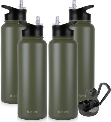 Термос-пляшка з нержавіючої сталі 1,2 л з 2 кришками та трубочкою, BPA Free, вакуумна ізоляція, герметична, для газованих напоїв, набір 4 шт. для спорту, подорожей, кемпінгу
