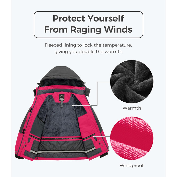 Жіноча куртка Wantdo для гірського хайкінгу та походів, водонепроникна вітрозахисна куртка-вітрівка з капюшоном, тепла з підкладкою, рожево-рожевий колір, розмір M