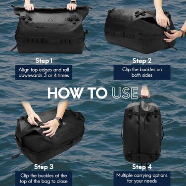 Водонепроникний рюкзак Haimont 90L, RollTop, для пляжу, човнів, каяків, кемпінгу, риболовлі та мотоциклів (Чорний)