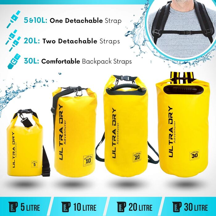 Водонепроникна сумка-мішок Ultra Dry Adventurer 5L (жовта) з кишенею для телефону та регульованим ремінцем - для каякінгу, риболовлі, кемпінгу