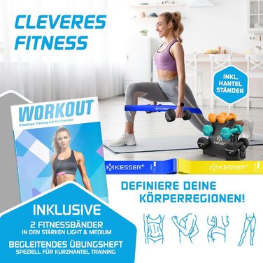 Набір гантелей KESSER® 18 кг з підставкою, 3 пари (1-5 кг), неслизьке неопренове покриття, з інструкцією та фітнес-гумками