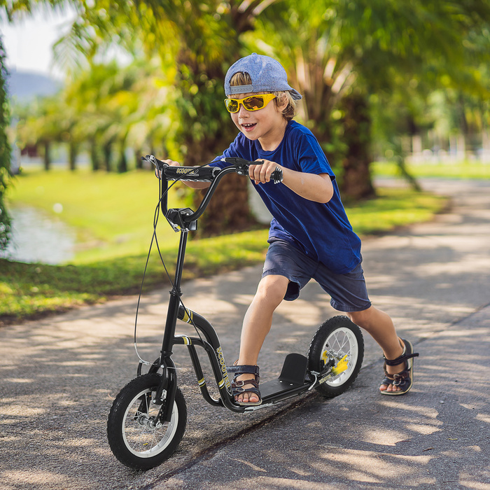 Дитячий самокат HOMCOM від 5 років Scooter Kick Scooter 12 дюймів пневматична шина гума алюміній чорний, регульована висота 120x58x85-95см