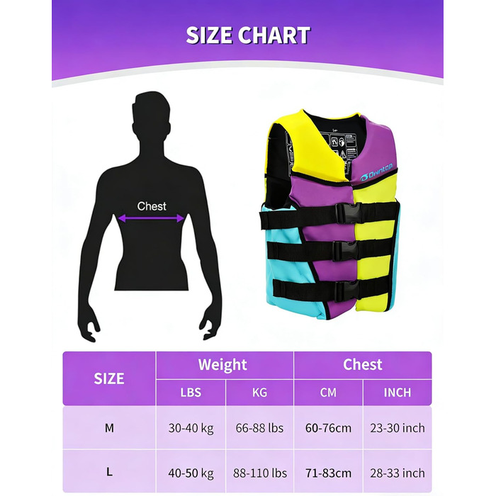 Owntop Жилет рятувальний дитячий та підлітковий, фіолетовий, M. Регульований, з триразовою системою безпеки. Підходить для каякінгу, плавання, риболовлі та снорклінгу.