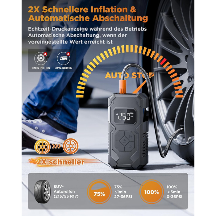 Електричний надувний насос 150 PSI: для авто, велосипеда, мотоцикла, м'ячів. Портативний компресор з манометром, акумуляторний, чорний