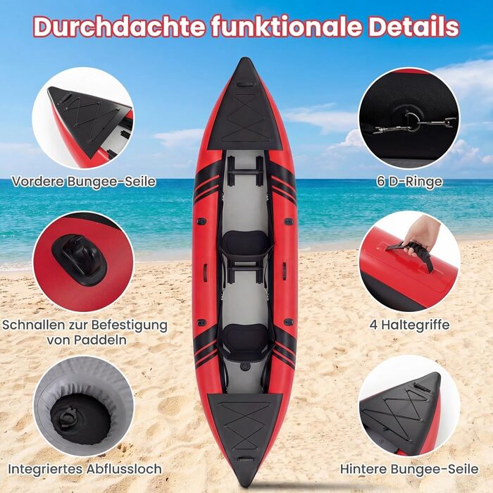 Надувний каяк COSTWAY на 2 особи з алюмінієвими веслами, EVA-сидінням, насосом та ремкомплектом, червоний