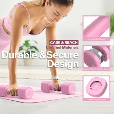 Набір гантелей Sportneer регульовані для жінок – 2 шт. (вага 1–2,5 кг) з неслизьким TPU-покриттям, 4-в-1 для домашніх тренувань, фітнес-обладнання, силові тренування (Wildrose)