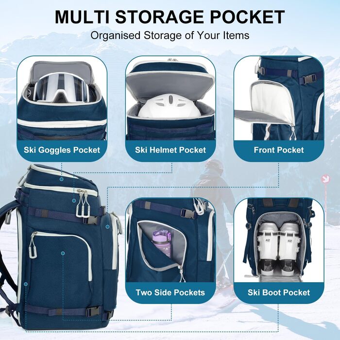 Сумка для лижних черевиків з відділенням для шолома, 65L, рюкзак для лиж, водонепроникна сумка для лиж, для лижних черевиків, ковзанів, лижних окулярів, сноуборду, лижних рукавичок, блакитна