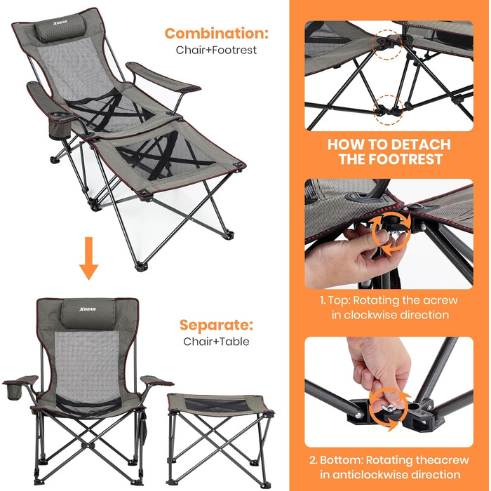XGEAR 2-в-1 Кемпінговий стул: розкладний, для риболовлі, легкий, з підніжкою та підлокітником, 136 кг, Oxford-тканина
