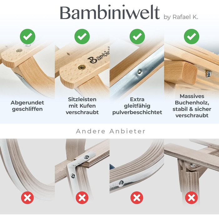 Дитячі санчата Kinderschlitten 90 см з підніжкою - дерев'яні санчата з масивного буку - санчата Davoser з мотузкою та ручкою, міцні, з легкими сталевими чіпками
