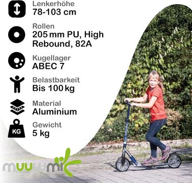 Самокат трюковий muuwmi Aluminium Scooter Deluxe 205мм ABEC 7 сіро-блакитний - для дітей та дорослих, регульована висота, сертифікат GS