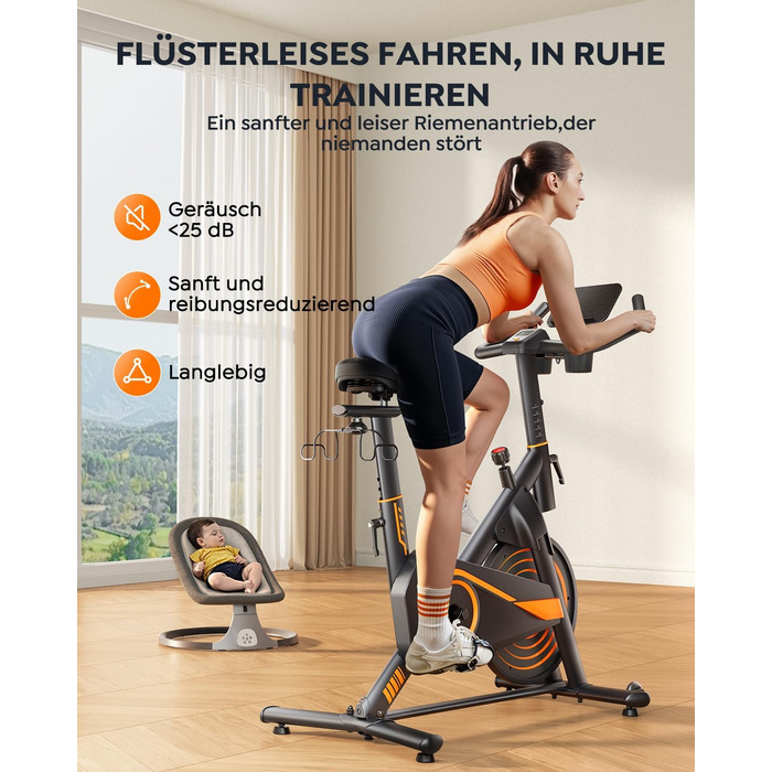 Велотренажер Hometrainer: тихий, ергономічний, з пульсометром та підтримкою для пляшки та гантелей, 160 кг, помаранчевий