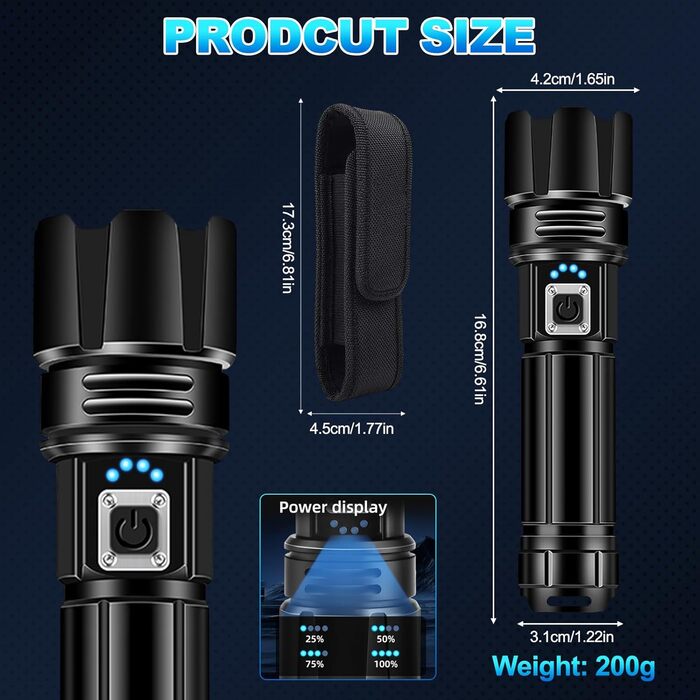 Ліхтар LED акумуляторний 500000 люмен, тактичний, потужний, IP67, водонепроникний, для кемпінгу, туризму, риболовлі, з чохлом та компасом