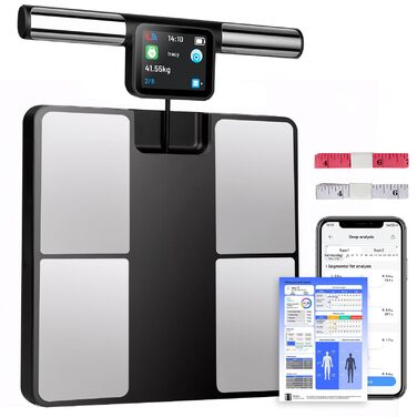 Вага для вимірювання жиру в тілі з 8 електродами, персональна вага з великим дисплеєм, Bluetooth, аналіз складу тіла, 180 кг, BMI, протеїн, BMR