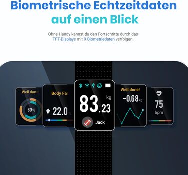 Розумна вага Etekcity з великим дисплеєм, вимірюванням жиру, м'язової маси, пульсу, Wi-Fi, Bluetooth, додатком, USB зарядкою, чорна
