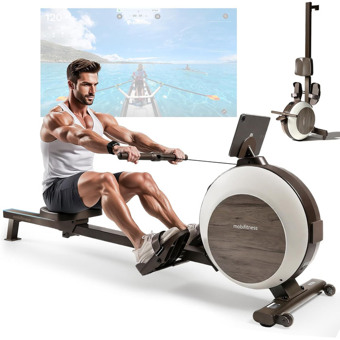 MOBI FITNESS: Горизонтальний тренажер для дому з магнітним опором, 40 рівнів, максимальне навантаження 160 кг, LED-дисплей (сумісний з Apple Watch)