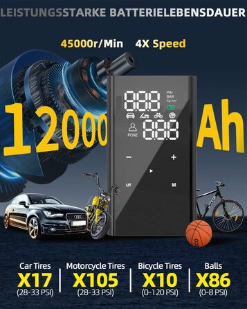 Електричний міні-компресор yanace 12000mAh, 150 PSI, портативний акумуляторний насос для авто, велосипедів і мотоциклів з манометром, ліхтариком та USB-C