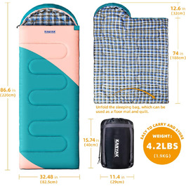 Спальний мішок для кемпінгу, дорослих, дітей та підлітків, для холодної погоди, 3-4 сезони, зелений та рожевий