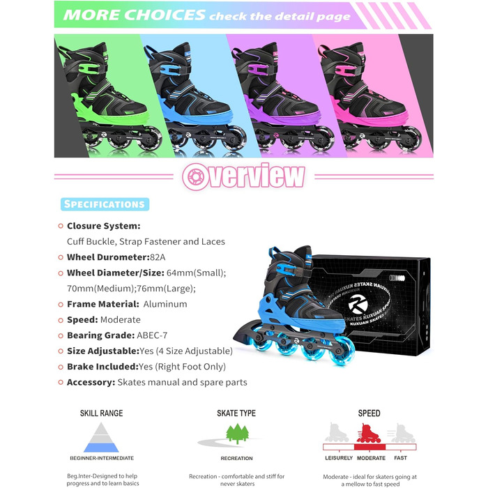 Роликові ковзани Kuxuan для дітей та підлітків, розмір EU 34-37, з підсвічуванням, синього кольору