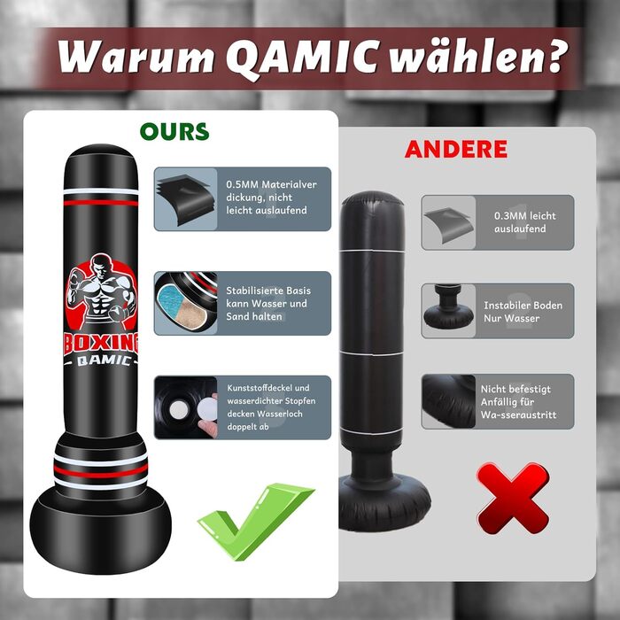 Надувний боксерський мішок QAMIC для дорослих, 180 см, з рукавичками та насосом, PVC 0,5 мм, для MMA, муай-тай, фітнесу, тренувань