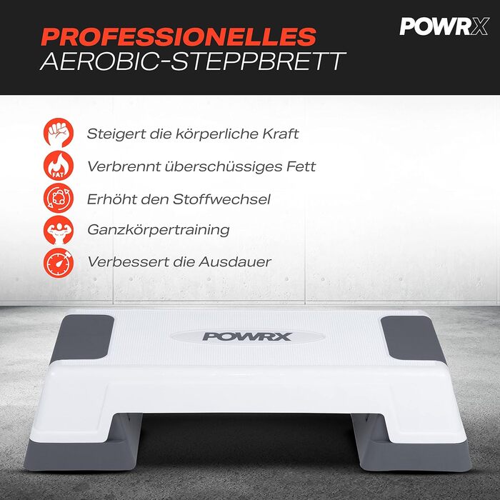 Степ-платформа POWRX для аеробіки та фітнесу, 3 рівні, біла, регульована висота, антиковзаюча | Степ-бенч для дому