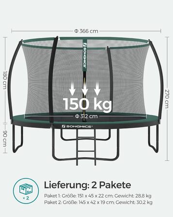 Батут SONGMICS для дітей, круглий, Ø 244/305/366/427 см, з сіткою безпеки, захисним бортиком, драбинкою та м’якими стійками для вулиці