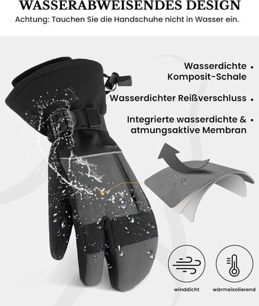 Caracaleap лижні рукавички-краги для чоловіків і жінок, 3-палі, водонепроникні зимові рукавички для сноуборду, лиж, катання на ковзанах, туризму, S/M, чорні