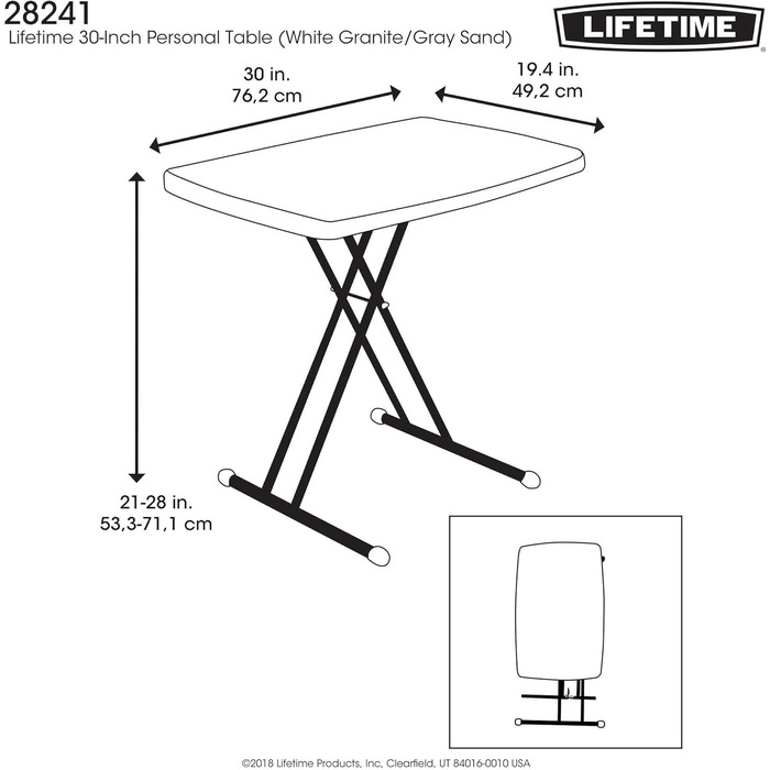 Складний приставний столик Lifetime 92210 – портативний, 75x50.5x66 см, білий граніт. З ручкою для транспортування, легко складається.