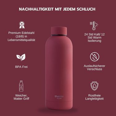 Термос-бутилка з нержавіючої сталі Thermo Flow 500 мл, ізольована, BPA-free, герметична, для школи, офісу, подорожей, каштанова