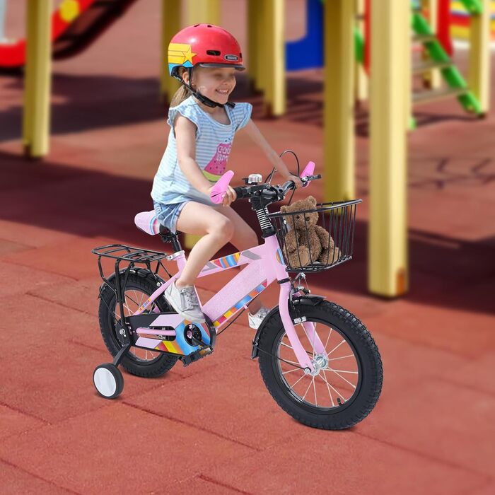 Дитячий велосипед 14 дюймів для хлопчиків та дівчаток з додатковими колесами, кошиком та заднім сидінням, регульована висота, сталевий велосипед для дітей 3-6 років, рожевий