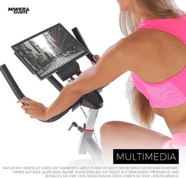 Велотренажер Miweba Sports MS300 для дому, 13 кг маховик, до 100 кг, амортизатор, тримач для планшета, транспортні ролики, регулювання, ергометр, спін-байк чорний