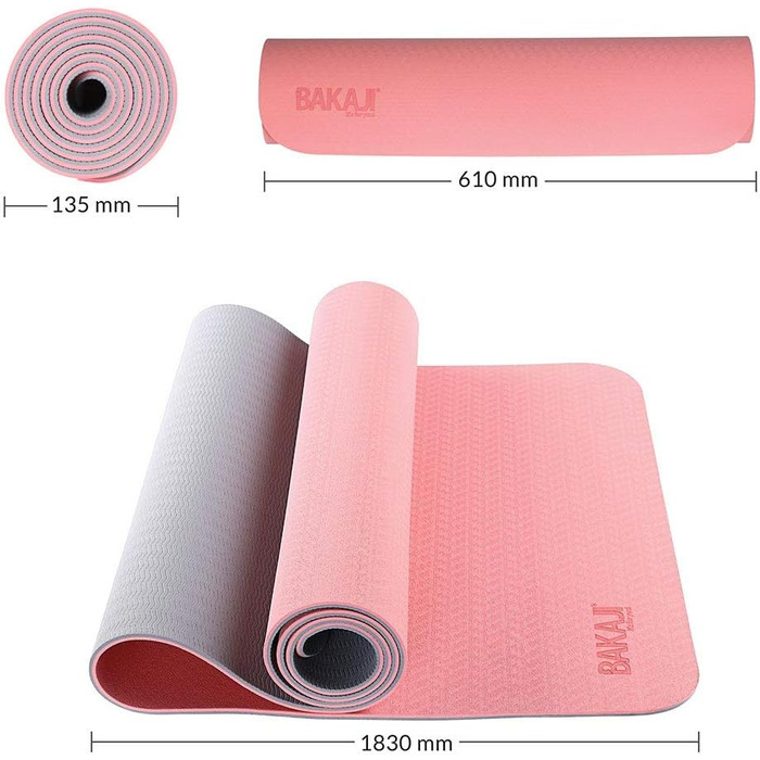 Йога мат BAJAJI: двошарова, неслизька, для фітнесу, тренувань, фітнес-клубу, 180x61 см з сумкою (рожевий/сірий)