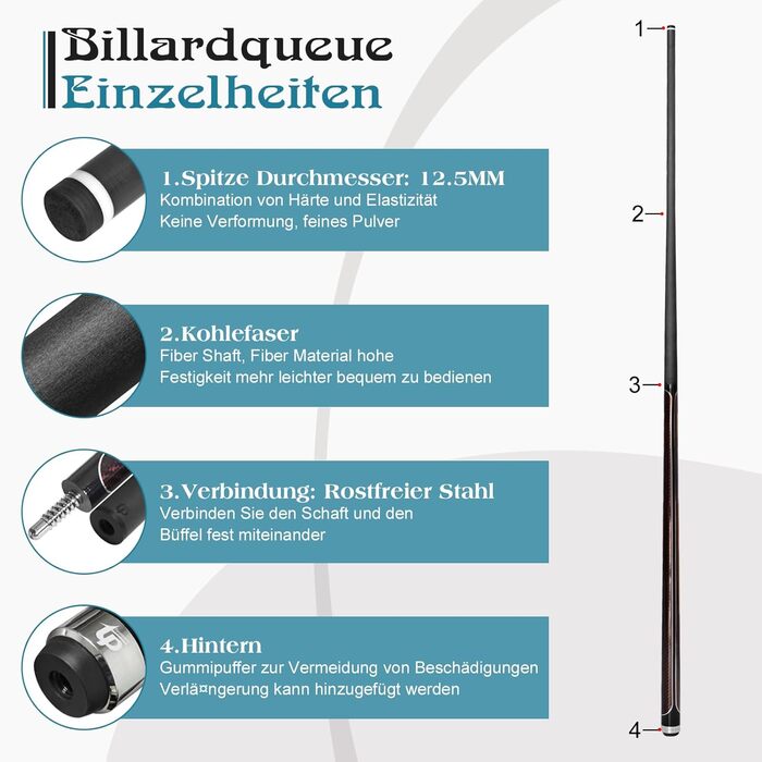 Більярдний кий з карбону, 58 дюймів, 12.5 мм наконечник, 20/21 унція, для аматорів та професіоналів