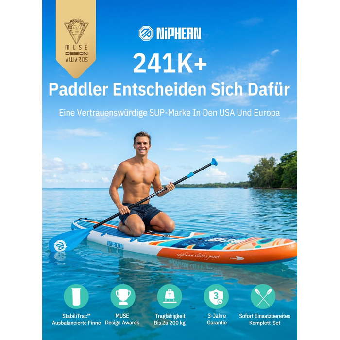 Надувне SUP-борд Niphean Stand Up Paddling з сидінням та аксесуарами, 320 см, для 2 осіб, 200 кг, Oceanic Current з StabilTrac-фіном