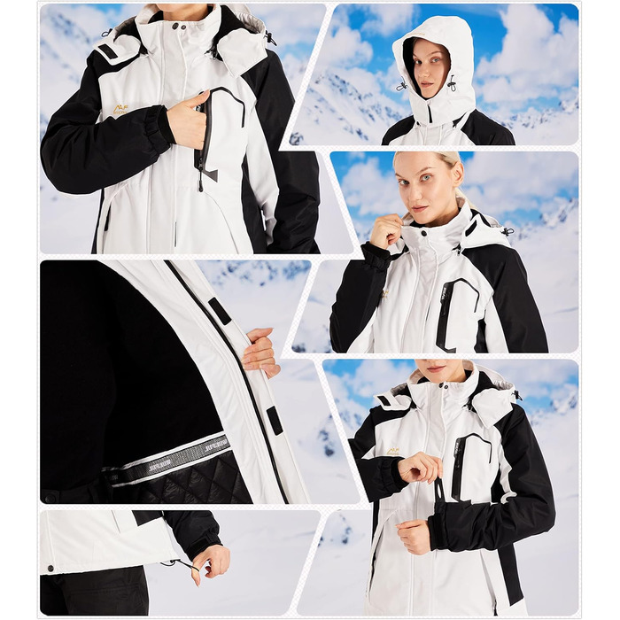 Жіноча водонепроникна куртка WULFUL для сноубордингу та катання на лижах, зимова куртка з відстібаною капюшоном, білий та чорний колір