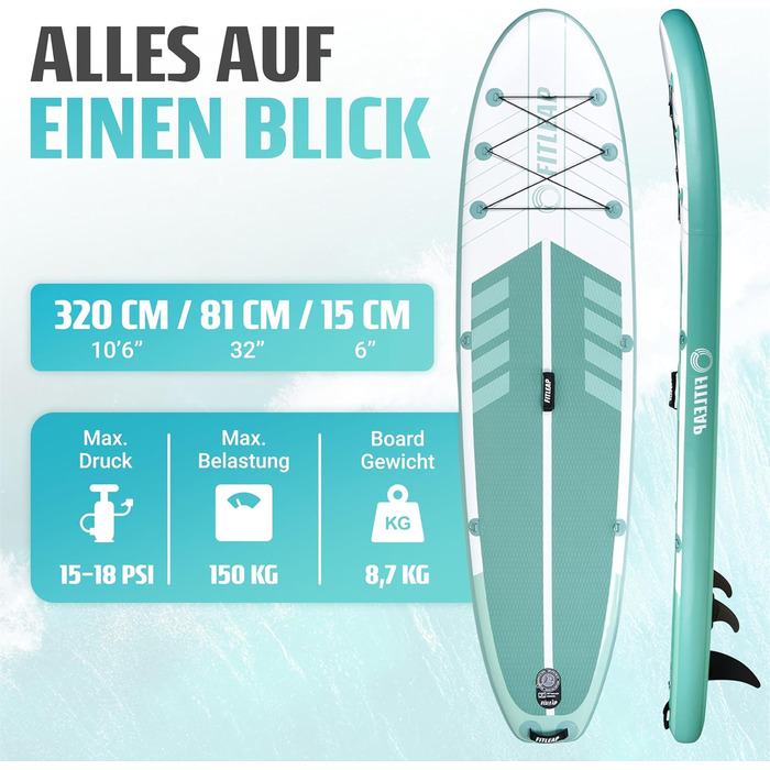 Надувний SUP Борд Fitleap Premium Stand Up Paddle Board - Комплект з насосом, веслом та рюкзаком. Ідеально для початківців та професіоналів, для йоги, серфінгу та водного спорту. (Зелений в смужку, 1 особа)