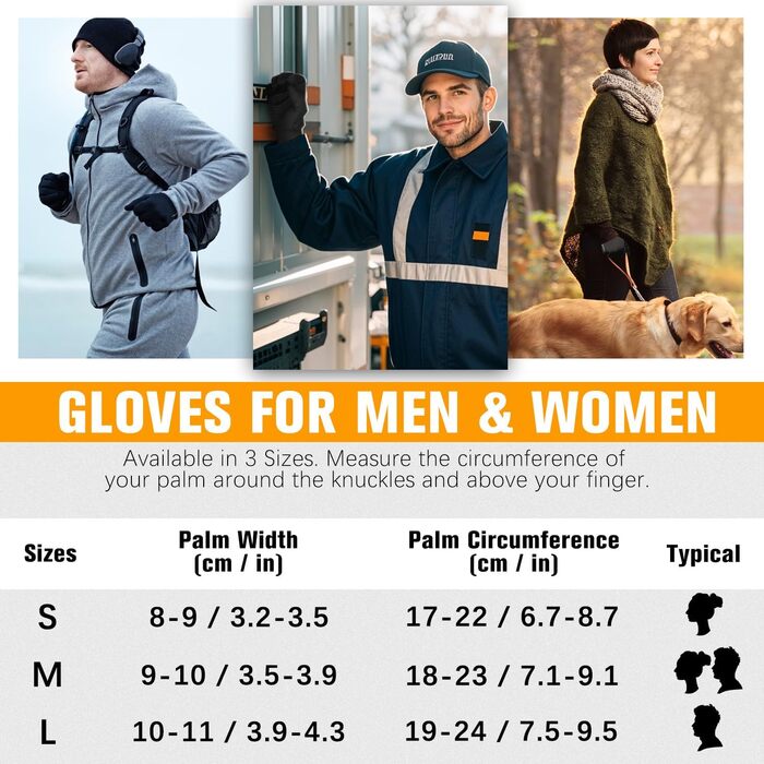 Рукавички для їзди на велосипеді, бігу та хайкінгу: теплі, непромокаючі, з антиковзаючою поверхнею та підтримкою сенсорного екрану (чорний, L)