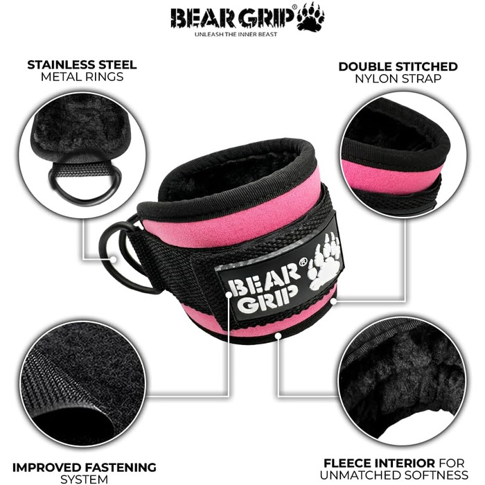 Преміум манжети на щиколотку BEAR GRIP для тренувань, неопрен, подвійне кільце, регульовані, для чоловіків і жінок, рожеві, 1 пара
