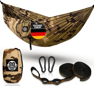 Гамак туристичний Monkey Swing ультралегкий з карабіном та стропами (до 300 кг) – 275 x 140 см, для кемпінгу, трекінгу, подорожей (Камуфляж, Зелений/Хакі)