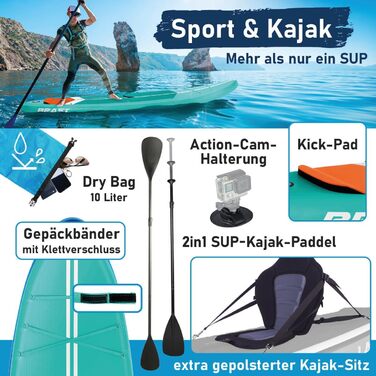 SUP дошка BRAST Turtle надувна з веслом, 320x81x15 см, бірюзова - комплект для Stand Up Paddleboarding (SUP) з 5-річною гарантією